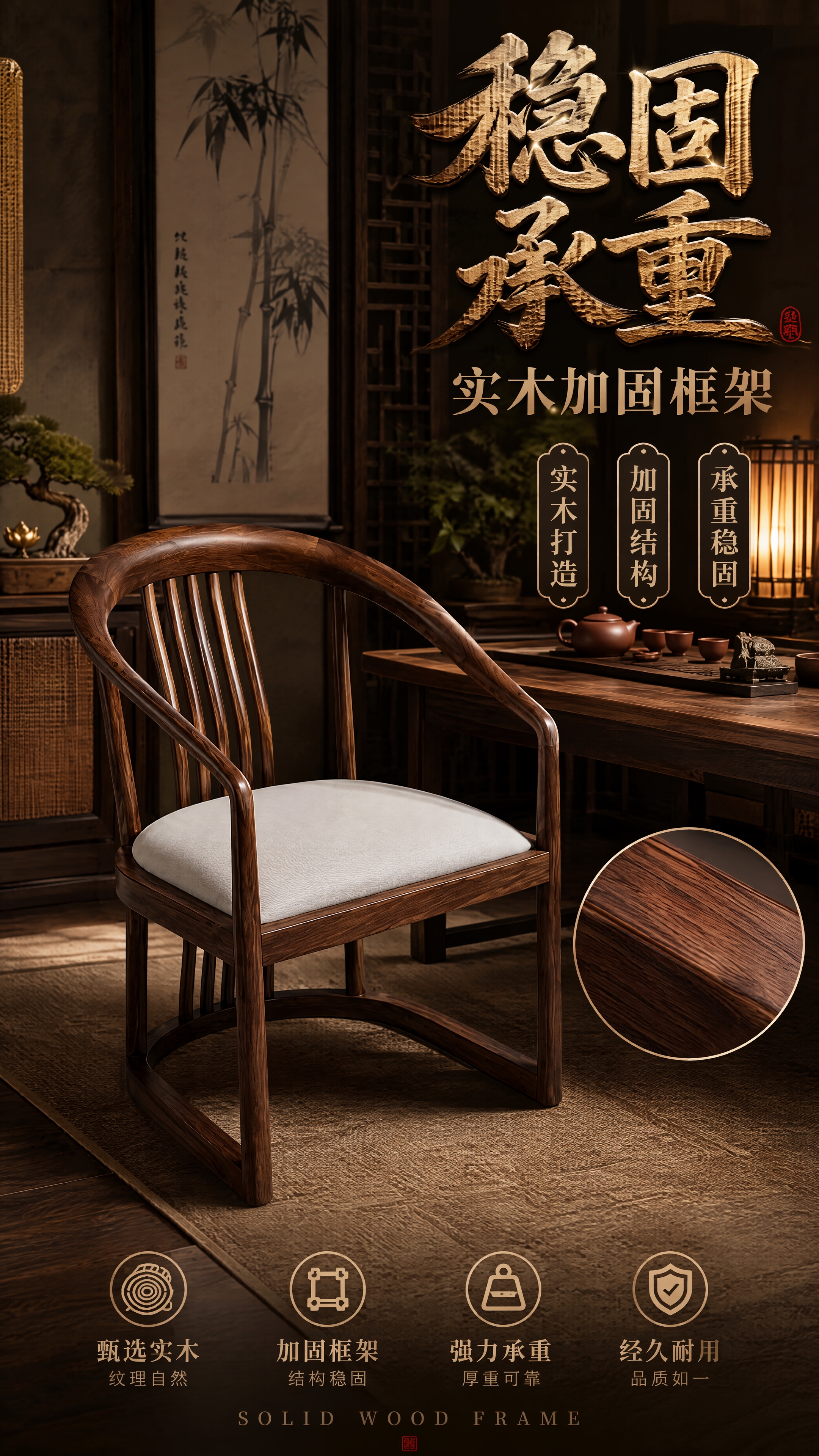 [第4张] 实木加固框架卖点页-承重稳固品质展示。本张使用【图… - 图片创意预览