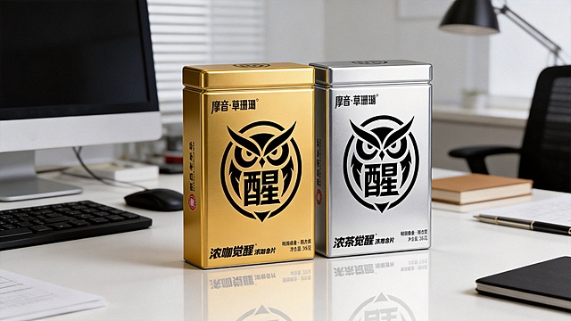 为金色和银色两款浓咖/浓茶含片包装盒匹配合适的现代商务办公场景，两个包装盒并排摆放，整体氛围清醒提神，符合产品定位，场景自然真实，保留产品原有包装设计