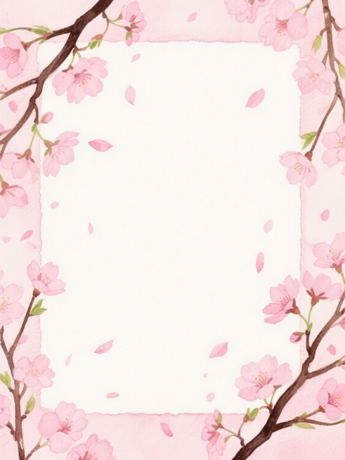水彩风格的樱花边框设计，画面四周环绕着盛开的粉色樱花枝条，花瓣呈现半透明的晕染效果，枝干用深褐色勾勒并带有绿色嫩芽点缀，大量粉色樱花瓣轻盈飘落形成自然的留白空间，整体色调柔和清新，营造出春日浪漫唯美的氛围，水彩笔触细腻自然，色彩过渡柔和，构图采用四角环绕式布局，中间留出大面积空白区域，适合作为背景或边框使用。预览效果