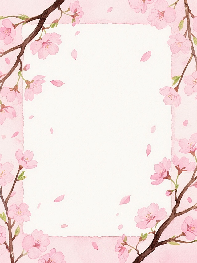 水彩风格的樱花边框设计，画面四周环绕着盛开的粉色樱花枝条，花瓣呈现半透明的晕染效果，枝干用深褐色勾勒并带有绿色嫩芽点缀，大量粉色樱花瓣轻盈飘落形成自然的留白空间，整体色调柔和清新，营造出春日浪漫唯美的氛围，水彩笔触细腻自然，色彩过渡柔和，构图采用四角环绕式布局，中间留出大面积空白区域，适合作为背景或边框使用。