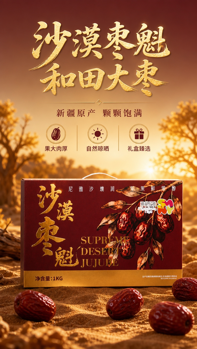 [商品] 使用【图2】沙漠枣魁礼盒正面图；保留酒红色包装盒、金… - 图片创意预览