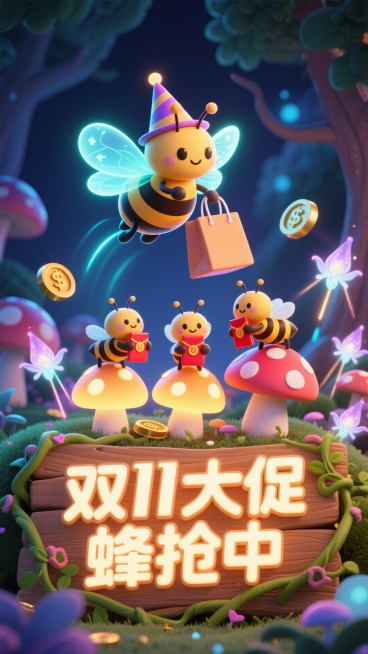 奇幻森林场景，戴着魔法尖顶帽的蜜蜂（翅膀带荧光特效）提着购物袋从发光蘑菇丛中飞出，3 只小蜜蜂骑在发光蘑菇上捧着红包袋，背景是荧光蘑菇、闪烁的精灵金币与魔法射线，画面下方是缠绕藤蔓的木质发光 3D 文预览效果
