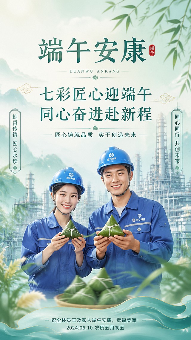 国风端午海报，两名卡通化工厂一线工人，蓝色工装安全帽，手持粽子，背景淡艾草竹叶，浅淡生产线轮廓，青绿国风配色，写实柔和，高清企业宣传图
主题：端午安康
内容含有七彩匠心迎端午，同心奋进赴新程