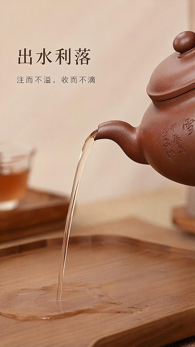 第7屏 出水利落。本张使用【图1】四方传炉紫砂壶作为商品主体，保持壶身造型、紫砂棕颜色、比例、篆刻位置与原图完全一致。垂直构图实用功能视觉，浅素茶席背景。画面右下方展示紫砂壶壶嘴局部，壶嘴向外流出一束柔和茶汤，水流顺滑细长，落点在画面下方浅木茶盘上，只有少量自然水渍，不飞溅。画面左上方放置标题"出水利落"，标题下方小字"注而不溢，收而不滴"，文字为深褐色，排版疏朗。背景虚化原木茶盘和少量茶汤，整体低饱和暖棕色调，自然光柔和，画面干净克制，兼顾功能说明与中式雅致，无水印，无促销元素。