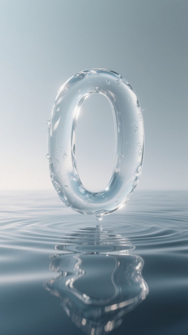 数字0, 水的材质, 悬空水面, 与水面相连, 完美圆形, 透明光泽, 水波纹变化感, 极简风格, 平静水面, 超现实感觉预览效果