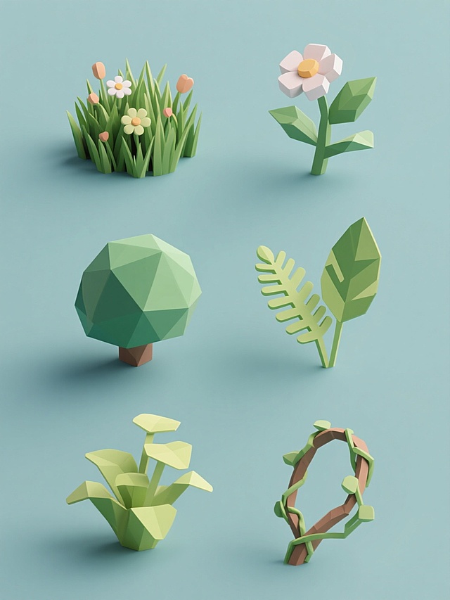 六个不同种类的3D植物图标，包括草、灌木、花朵、树叶、蕨类和藤蔓，保持相同的低多边形风格，边缘平滑，采用纯色背景，每个植物拥有独特的整体色彩，元素类目保持一致，规整排布形成系列素材集合，光影柔和，色彩饱和度适中，简洁现代的设计感，统一的视觉语言。