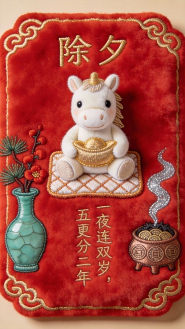 整个画面就是一个完整的红包，朱红毛绒布红包，烫金云纹边框。居中刺绣奶白小马布偶盘坐，怀抱金色绣线元宝，身披菱格纹刺绣小毯。左侧刺绣青玉色岁瓶，插着松枝与红梅；右侧刺绣铜钱纹炭炉，飘出银色绣线暖烟。上方预览效果