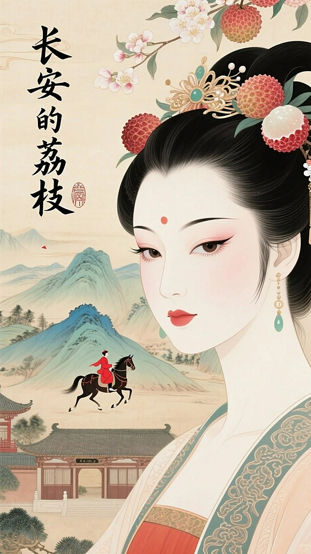 前景是贵妃古风美人特写，高冷、大眼、丹凤眼、长睫毛、华丽发饰里融入几个超大的荔枝，精美纹理服饰，背景是下方的千里江山图里，图里有个红衣小人骑马在飞奔疾驰，盛唐长安场景，工笔画，插画风格，特写镜头，高贵温婉氛围，面上方出现荔枝花和主体文字是书法艺术字体，笔峰有力：“长安的荔枝”，印章装饰