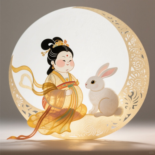 Q版风格：肥胖的嫦娥和白兔坐在月亮上，白色背景，完整展示预览效果