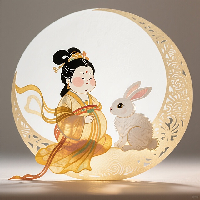 国潮风插画，梦幻可爱嫦娥与玉兔，中秋佳节温馨场景。