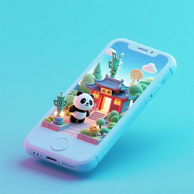 软3D风微缩艺术，熊猫与古风建筑跃出手机屏，可爱卡通造型搭配梦幻清新色调，营造立体体积感与节日氛围。