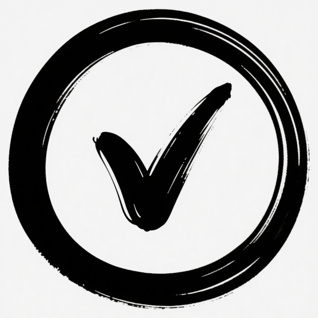 一个由流畅手写笔触构成的黑色对勾符号，对勾线条自然弯曲、末端带有轻微的提笔飞白效果，被一个同样以手写风格绘制的完整黑色圆圈环绕，圆圈线条粗细略有变化，整体呈现出手绘的随性与活力，黑白对比鲜明，构图简洁平衡，对勾位于圆圈中央偏右位置，传达出确认、完成的积极含义，手写笔触的质感清晰可见，既有手写的灵动又保持了标志的识别性。预览效果