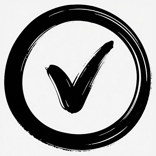 一个由流畅手写笔触构成的黑色对勾符号，对勾线条自然弯曲、末端带有轻微的提笔飞白效果，被一个同样以手写风格绘制的完整黑色圆圈环绕，圆圈线条粗细略有变化，整体呈现出手绘的随性与活力，黑白对比鲜明，构图简洁平衡，对勾位于圆圈中央偏右位置，传达出确认、完成的积极含义，手写笔触的质感清晰可见，既有手写的灵动又保持了标志的识别性。