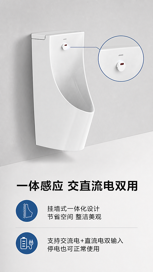 [第4屏] 功能结构展示屏，解析九牧挂墙感应小便器一体感应结构。
[氛围/风格] 专业科技感，结构清晰，简洁明了的功能展示风格。
[元素布局] 画面上半部分为产品整体壁挂展示，圆形放大感应按钮区域特写，展示感应探头位置，下半部分分点说明交直流电一体设计优势。保持产品整体结构和外观与输入产品图一致。
[光影质感] 均匀布光，感应区域特写重点打光，结构层次清晰，整体明亮干净。
[配色色系] 全局底色：#F8F8F8；主体：陶瓷白+浅灰墙面；强调色使用品牌蓝#2D5A87，文字深灰黑色。
[视角构图] 上产品下图文，纵向9:16排版，层次分明，从上到下符合阅读顺序。
[文字版式] 顶部主标题「一体感应 交直流电双用」加粗黑字。下方分两点说明：1.「挂墙式一体化设计 节省空间 整洁美观」；2.「支持交流电+直流电双输入 停电也可正常使用」每个卖点配圆形图标，文字左图右文或上图下文，排版工整，不遮挡产品主体。
[比例分辨率] 9:16竖版比例，4K分辨率，文字清晰可辨。
[负向提示词] 结构变形，感应部件错位，文字模糊，排版错乱，颜色偏差。