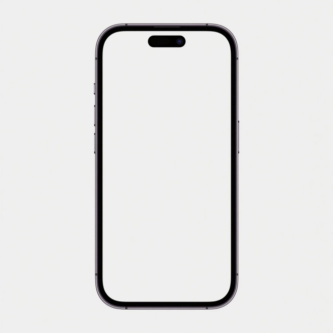 一个现代智能手机的正面视图，采用极简的线条艺术风格，黑色细轮廓勾勒出手机的圆角矩形机身，屏幕为纯白色，顶部中央有一个小的黑色刘海区域，包含前置摄像头开孔，机身侧面有简单的按键线条，整体构图简洁、对称，背景为纯白色，呈现出干净、简约、科技感的视觉效果，没有任何多余的装饰元素和文字信息。预览效果