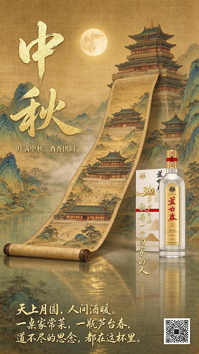 中秋节海报，9:16竖版，复古胶片颗粒质感，高级艺术感，金色和红色调，长长的画卷垂下，里面有很多亭台楼阁栩栩如生宛如仙境，层层高阁突破到画面之外，雾气弥漫，一轮圆月在空中，背景有千里江山图，水面倒影，大面积留白，高清晰度，宋代美学，极简构图，完美构图。画面左侧有竖排烫金手写草书大标题“中秋”，大标题下方小一号字“月满中秋，酒香团圆”，现代极简美学，建筑感设计。画面右侧空白处放置芦台春白酒主体（酒瓶+酒盒，参考图中的酒产品），酒的左侧有竖排烫金手写草书中标题“360年芦台春，敬每一个回家的人”，右下角空白处有一个二维码占位，底部有竖排烫金手写草书正文“天上月圆，人间酒暖。一桌家常菜，一瓶芦台春，道不尽的思念，都在这杯里。”