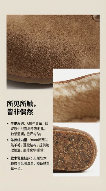 视觉：左文右图，纯色（浅米白）背景。

左侧（文字区）：

标题：所见所触，皆非偶然

列表式阐述：

牛皮反绒：A级牛背革，保留原生绒面与呼吸毛孔。触感温润，色泽均匀。

羊羔绒内里：9mm新西兰羔预览效果