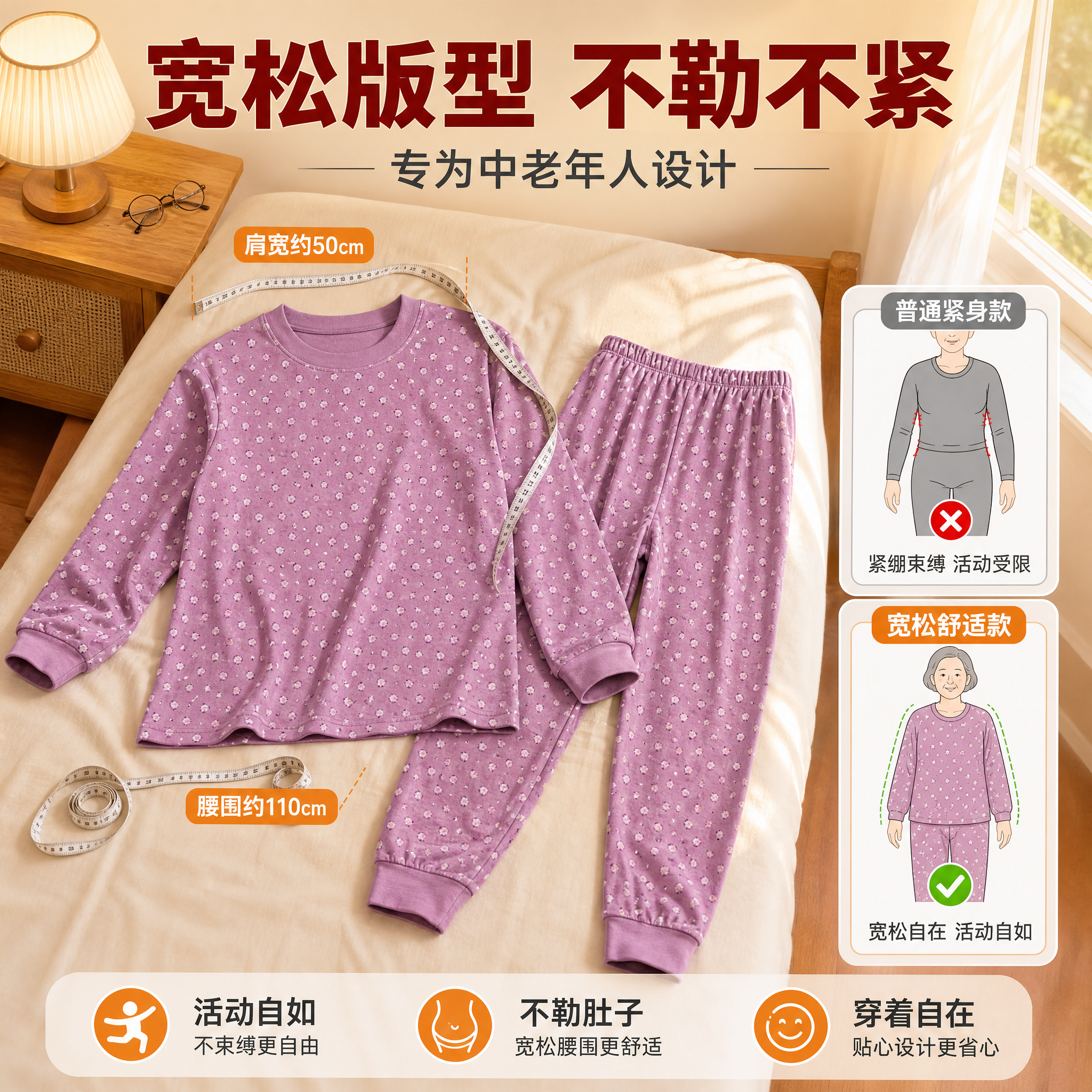 [主图-4] 中老年纯棉套头秋衣套装 紫色碎花款 宽松版型舒适… - 图片创意预览