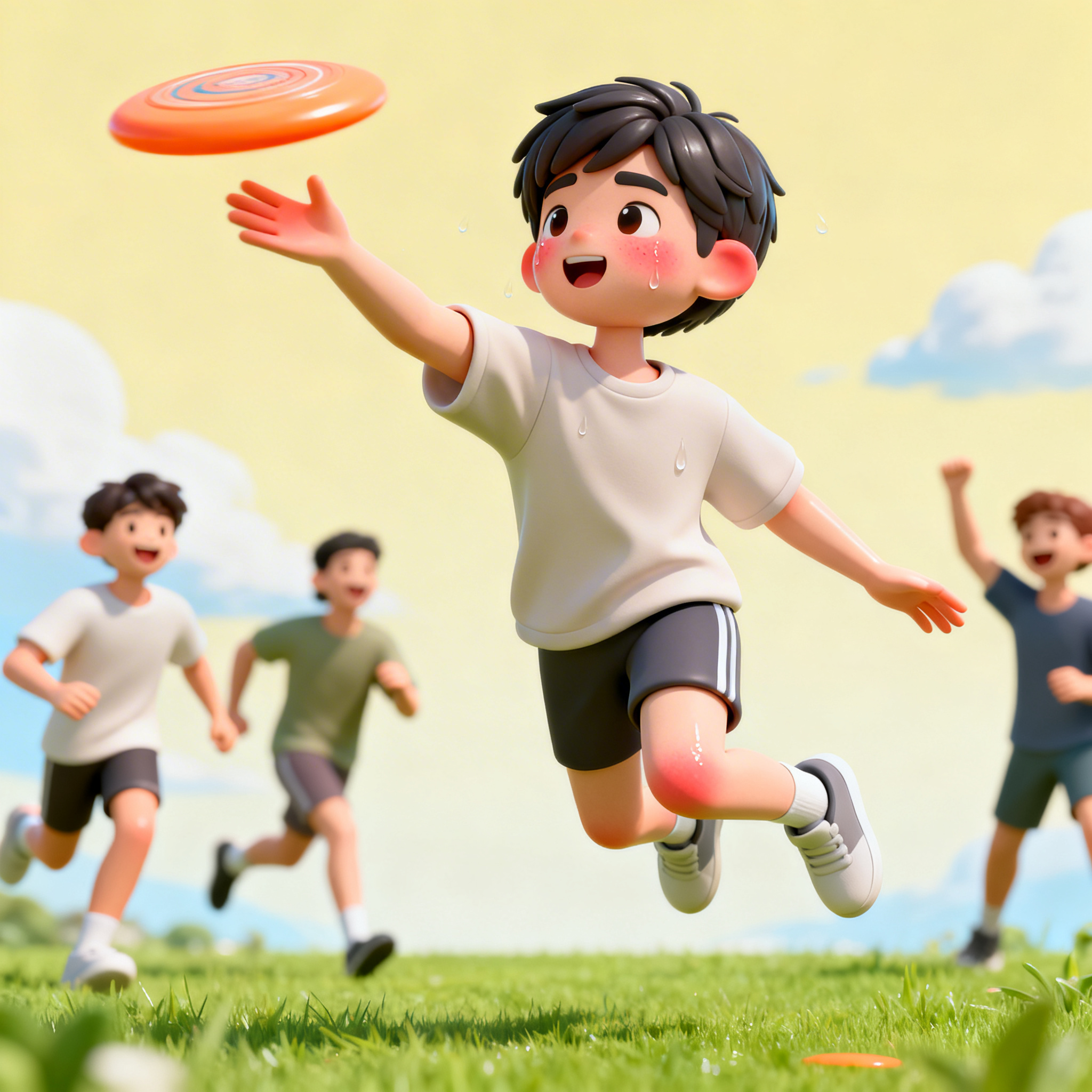 趣味3D插画风格，周末公园草坪，一位阳光活力年轻中性形象，短发… - 图片创意预览