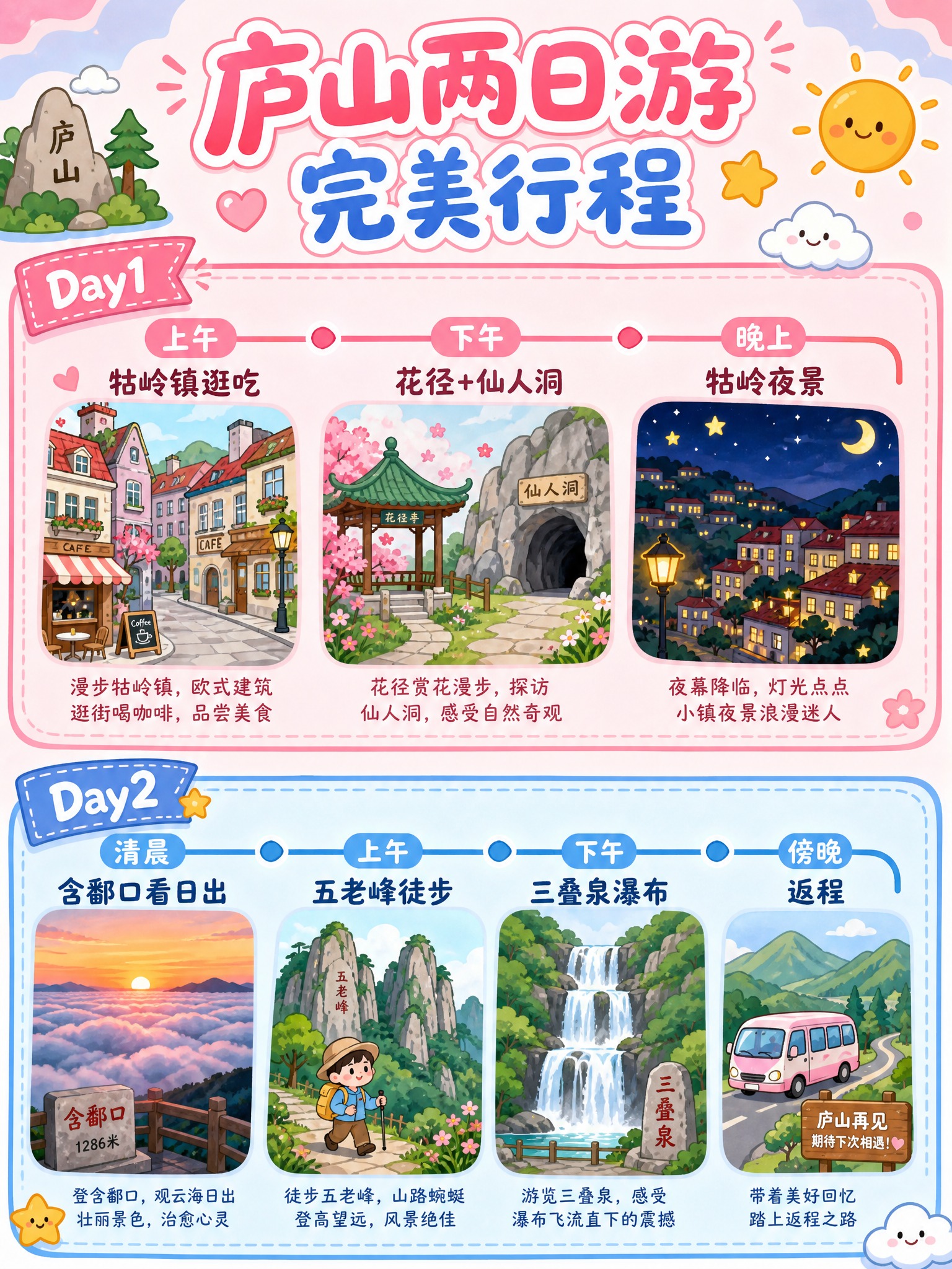 可爱Q版扁平风卡通庐山旅游攻略图，竖版3:4比例。主题为"庐山… - 图片创意预览