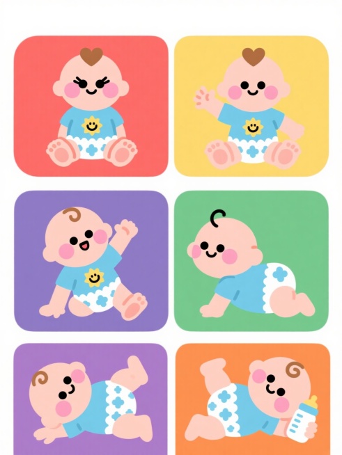 六个不同动作的可爱卡通婴儿角色系列素材集合，每个婴儿都保持原有的核心特征：圆润的头部、头顶心形发旋、大大的黑眼睛配长睫毛、脸颊有粉红色圆形腮红、穿着印有黄色笑脸太阳图案的蓝色短袖上衣和白色带有蓝色花边的尿布，采用相同的扁平风格数字插画，线条简洁圆润，色彩鲜明柔和，无阴影处理，每个婴儿动作各异（分别为：坐着玩脚丫、爬行、挥手、趴着抬头、躺着踢腿、抱着奶瓶），每个角色均置于不同颜色的纯色背景上（如……预览效果
