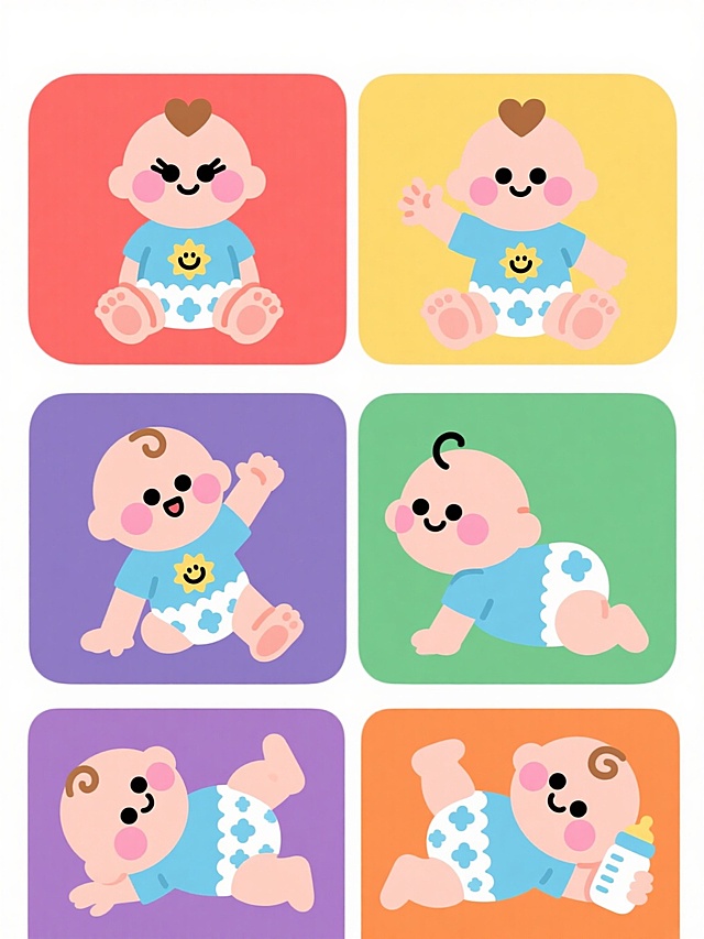六个不同动作的可爱卡通婴儿角色系列素材集合，每个婴儿都保持原有的核心特征：圆润的头部、头顶心形发旋、大大的黑眼睛配长睫毛、脸颊有粉红色圆形腮红、穿着印有黄色笑脸太阳图案的蓝色短袖上衣和白色带有蓝色花边的尿布，采用相同的扁平风格数字插画，线条简洁圆润，色彩鲜明柔和，无阴影处理，每个婴儿动作各异（分别为：坐着玩脚丫、爬行、挥手、趴着抬头、躺着踢腿、抱着奶瓶），每个角色均置于不同颜色的纯色背景上（如红色、黄色、绿色、紫色、橙色、浅蓝色），所有角色等大且规整地在白色背景上呈两行三列排布，整体保持统一的可爱卡通风格和元素内容。
