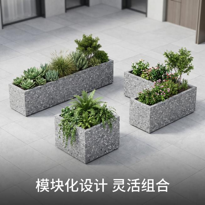 [主图-3] 灰色水磨石花箱俯视角度
[氛围风格] 现代简约俯瞰视角
[画质] 商业摄影高清质感，产品清晰真实
[元素] 三组灰色水磨石花箱从上方俯视角度展示，完整呈现箱体顶部结构与绿植布局，表面水磨预览效果