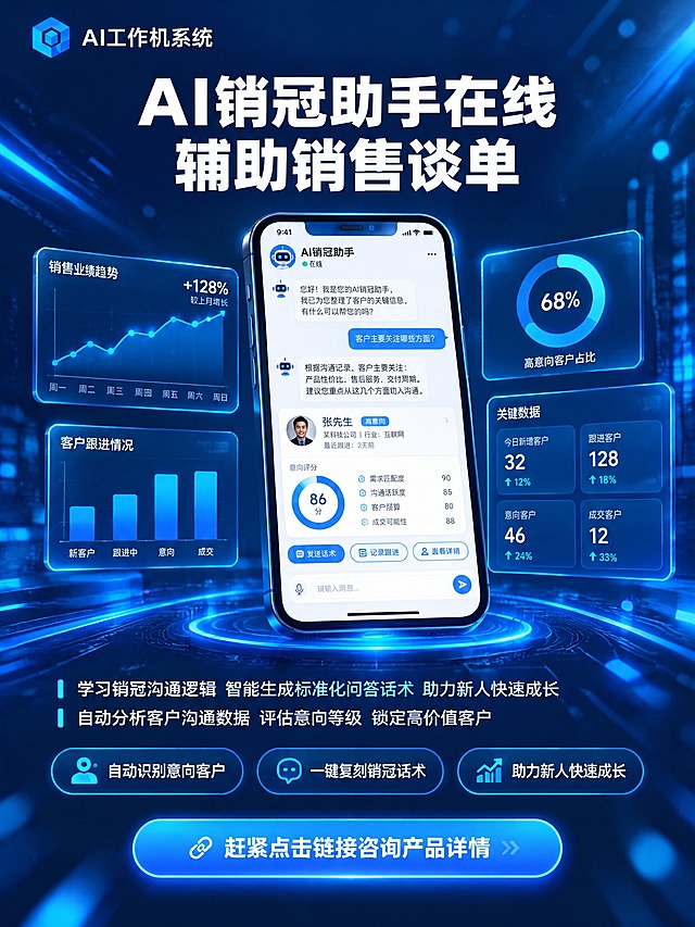 AI工作机系统营销海报，竖版3比4比例，深蓝色科技风格。左上角品牌标识AI工作机系统。顶部大标题AI销冠助手在线辅助销售谈单，白色粗体大字。正文两段：学习销冠沟通逻辑智能生成标准化问答话术助力新人快速成长；自动分析客户沟通数据评估意向等级锁定高价值客户。中间展示手机界面和数据图表。下方三个功能标签：自动识别意向客户、一键复刻销冠话术、助力新人快速成长。底部蓝色按钮赶紧点击链接咨询产品详情。深蓝色科技背景，光效装饰，专业商务风格。