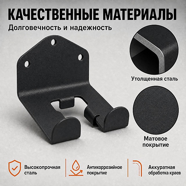 将图中所有橙色的墙上工具挂架产品全部替换为哑光黑色，保持产品的形状、结构、尺寸、安装孔位、U型挂钩完全不变，只改变颜色为纯哑光黑色。场景、文字、图标、放大图中的产品截面也都改为黑色，其他UI元素保持原样。产品的黑色哑光涂层质感要真实，有细腻的磨砂质感，边缘有轻微高光体现金属立体感。