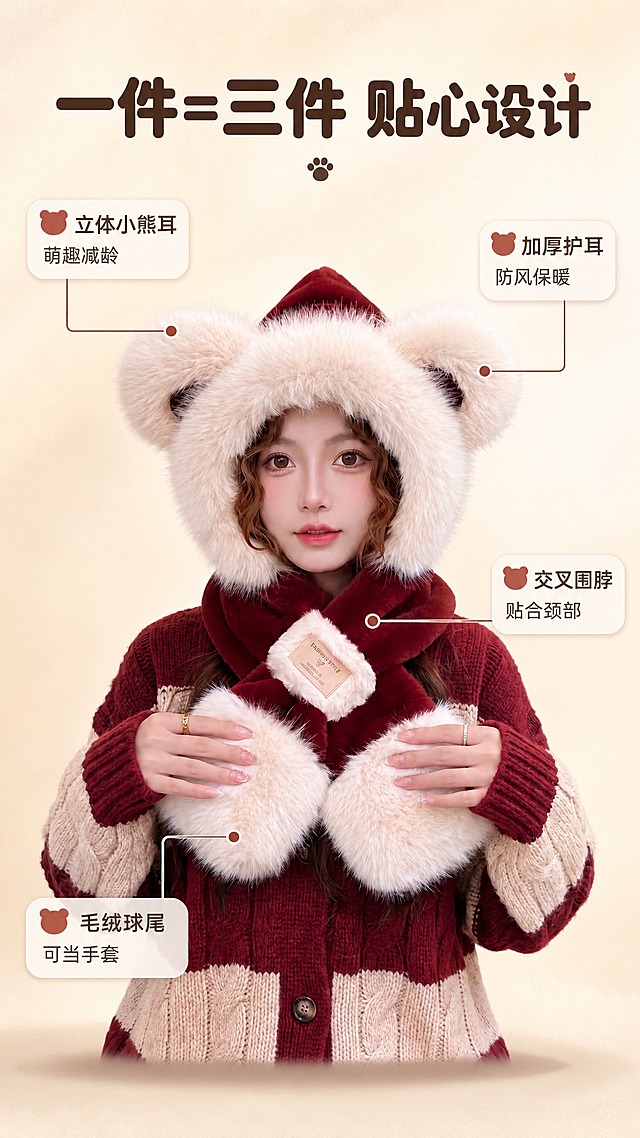[商品] 使用【图8】酒红拼米白小熊耳朵帽子围巾一体三件套正面图；保留小熊耳朵造型、毛绒质感、围巾交叉设计、毛球装饰、皮标细节与酒红拼米白颜色；自然理顺毛绒纹理，增强蓬松绒感，不改变版型结构。
[画面] 目标：第3张版型结构解析页，标注三合一各部位功能。构图：居中正面模特半身大图，产品占画面65%；从帽子耳朵、围脖交叉处、毛球手套处引出细线标签，标注各部位名称与功能。背景为浅米色渐变，底部有柔和投影。
[视觉] 套系策略：风格=简约清新暖调商业摄影；标题字=圆润可爱无衬线粗体；正文字=简洁无衬线体；主色=奶杏米白；背景延展=基于奶杏米白做深浅层级、同色渐变和细腻毛绒/纸张质感；强调色=酒红棕，仅用于小面积图标、引线和标签；标题色=深棕咖；正文色=中暖灰；组件=圆角浅底信息卡、细线引线、毛绒质感装饰边；光影=正面暖柔光，均匀明亮。
[文字] 上方主标题"一件=三件 贴心设计"，4处引线标注："立体小熊耳 萌趣减龄"、"加厚护耳 防风保暖"、"交叉围脖 贴合颈部"、"毛绒球尾 可当手套"；文字全部横排，不遮挡产品主体。
[规格] 图片比例9:16竖版，4K，避免变形、错字、文字过小、冷蓝背景、颜色改变、版型失真、极限词。