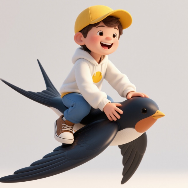 3D卡通风格，白色背景，一个面带灿烂笑容的儿童角色，男孩戴着黄色棒球帽，穿着白色带黄色圆形图案的卫衣、蓝色长裤、棕色运动鞋，骑在一支巨大的燕子上，燕子头朝右下方，男孩双手抓住燕子两侧，身体微微前倾，整预览效果
