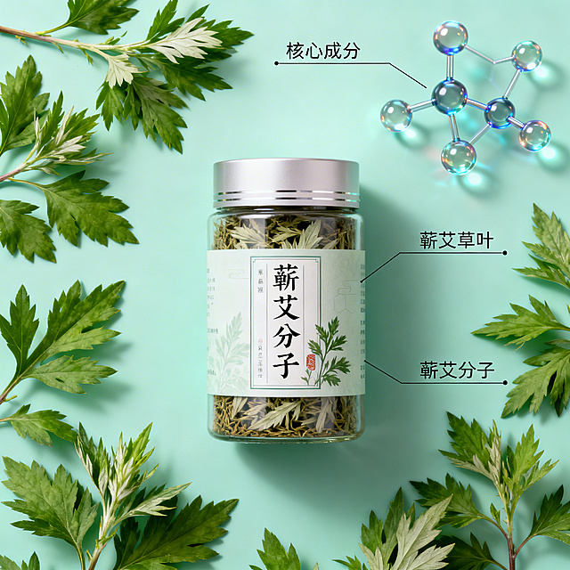 蕲艾腰腹贴核心成分解析主图，产品居中放置，四周环绕新鲜蕲艾草叶和3D蕲艾分子结构，用细线标注核心成分，展示天然艾草成分，整体风格和首图保持一致，浅青绿色调，中式养生氛围，符合淘宝规范