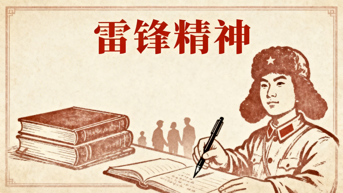 简笔工笔画老课本风格横屏海报，用简约流畅的线条绘制雷锋相关象征元素，搭配醒目的“雷锋精神”文字，色调复古柔和，整体朴素雅致，符合老课本的怀旧质感预览效果