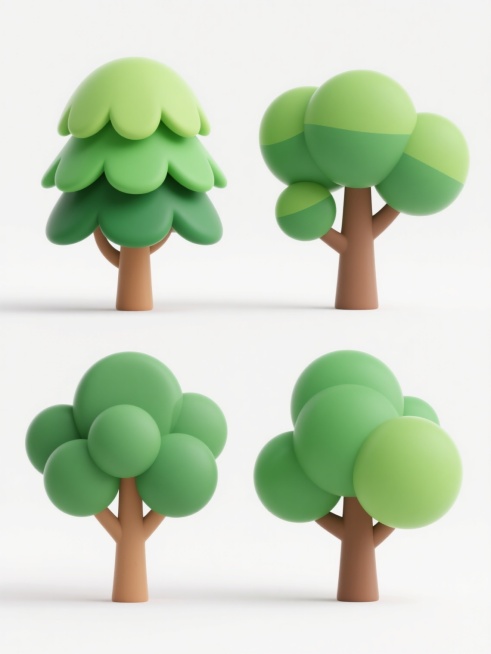 4棵不同品种、不同样式、不同外观的树木，3D卡通风，白色背景，排列整齐。每棵树都有独特的树冠形状和叶片设计，树干为棕色，树冠呈现不同层次的绿色渐变，带有明显的3D立体感和卡通化的圆润边缘，整体风格统一，色彩明快，构图简洁。预览效果