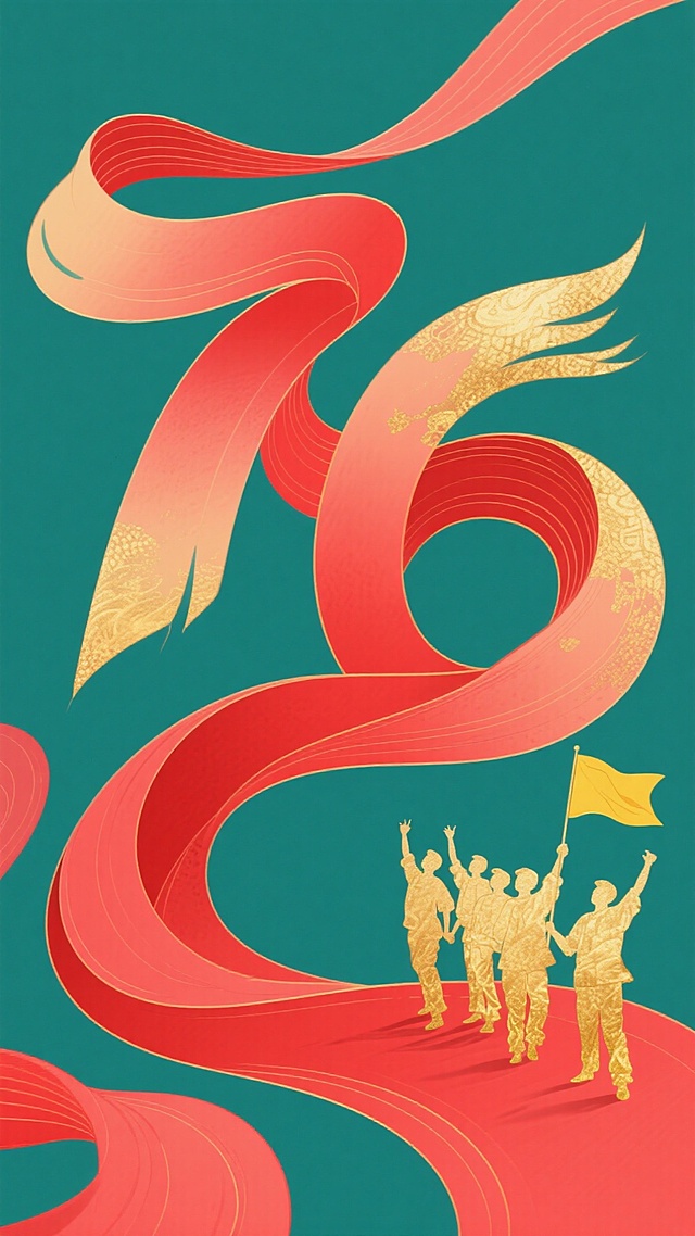 国潮风插画，鎏金剪影人物举旗前行，红绸蜿蜒如龙，浮雕质感交织喜庆与民族精神，献礼七十五周年华诞。