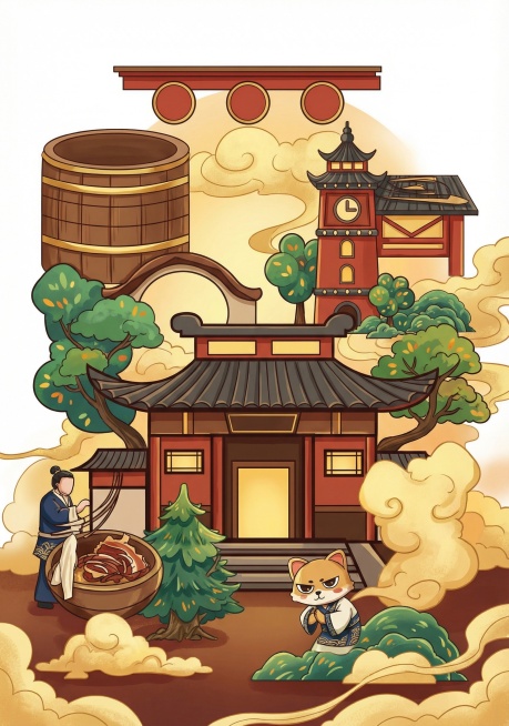 给这幅线稿上色，采用暖色调，传统国风配色，塔楼为朱红与深灰，树木为翠绿色，人物服饰为藏蓝与米白，容器为棕色，整体色彩和谐浓郁，充满烟火气预览效果