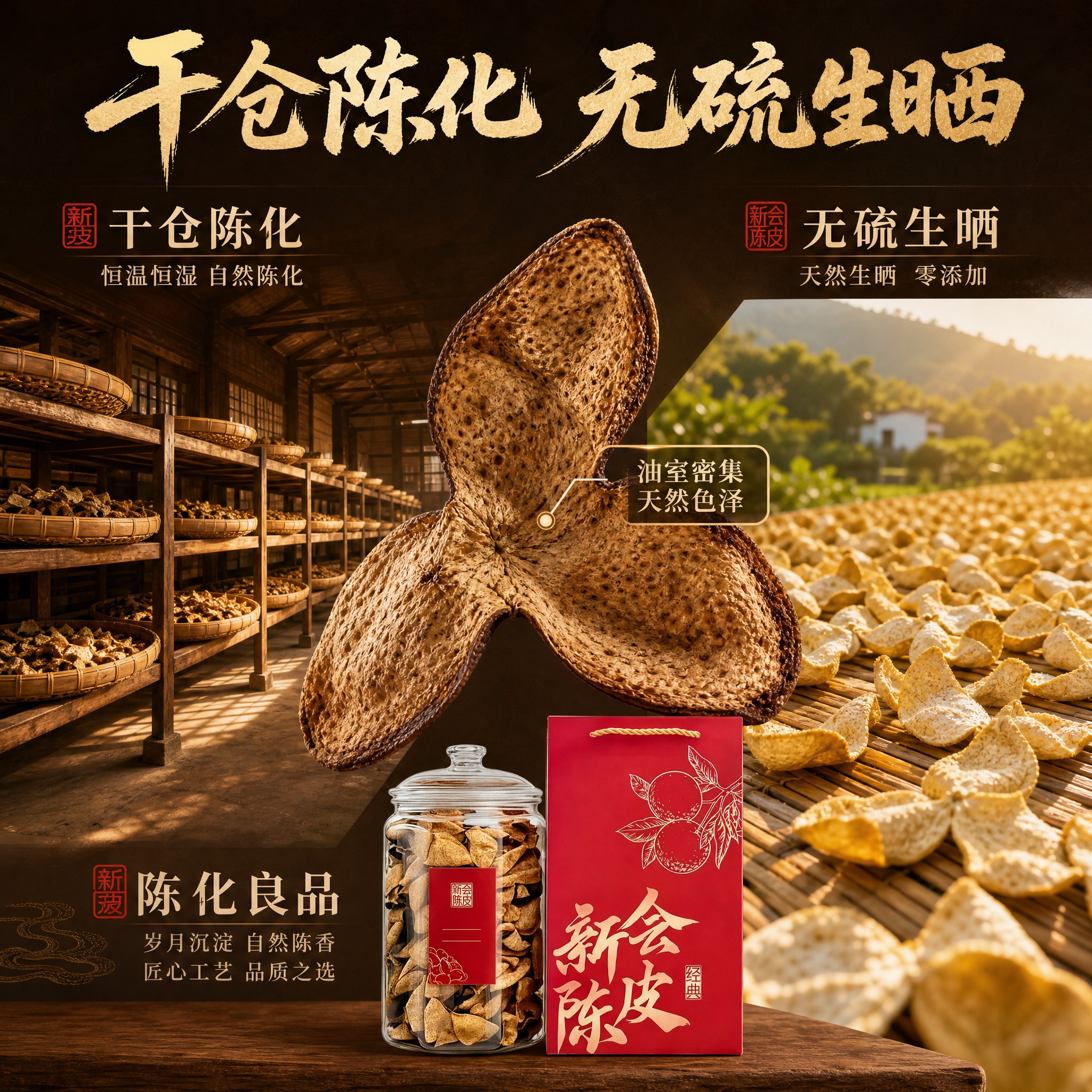 [主图-3] 新会陈皮工艺细节图 突出干仓陈化与无硫生晒两大卖… - 图片创意预览