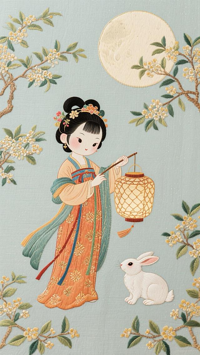 工笔风与刺绣风结合，描绘古典中式少女提灯赏月，伴白兔于花枝间，唯美优雅中透出可爱卡通感，尽显中秋佳节的浪漫意境。