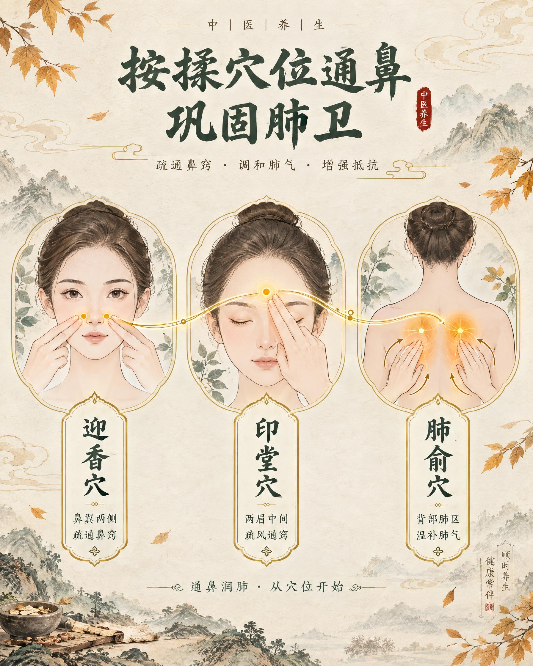 中医穴位按摩通鼻科普插画，国风水墨养生风格，竖版构图，主题为按… - 图片创意预览