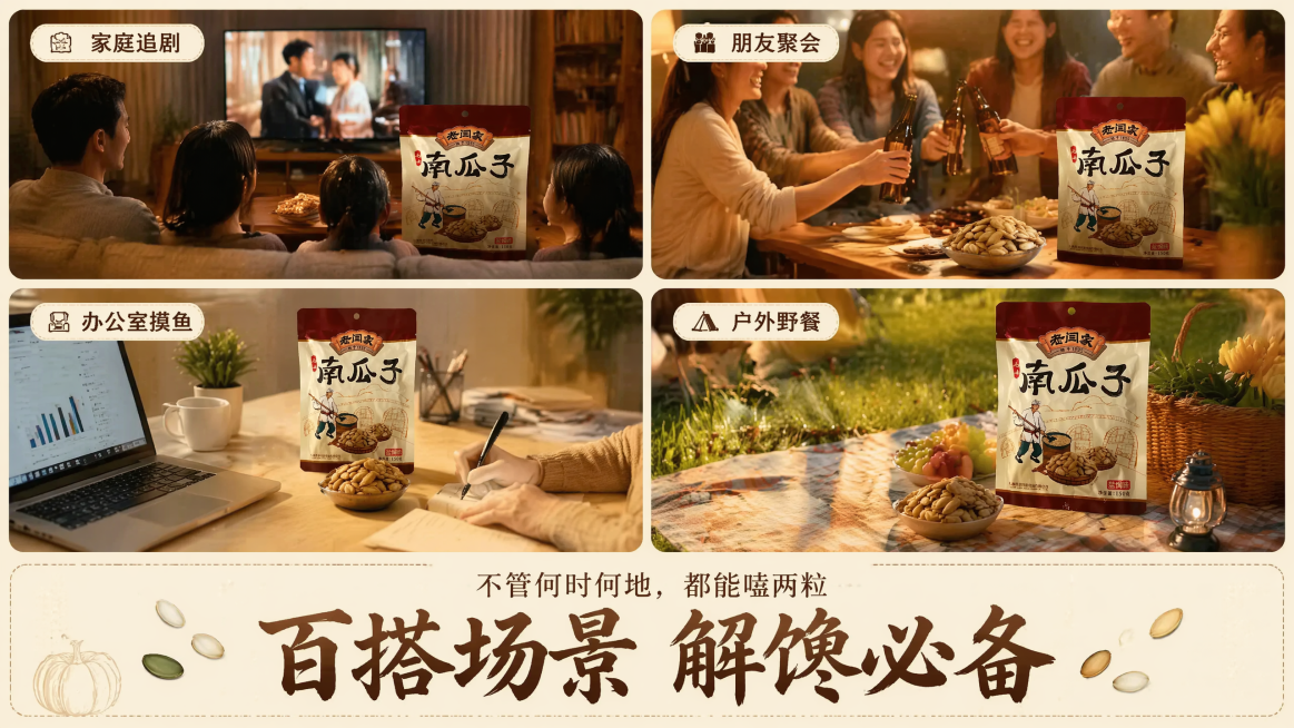 [第6屏] 食用场景种草屏-老闫家南瓜子多场景展示。本屏使用【图1】作为商品主体。
[氛围/风格] 生活分享风，暖调温馨氛围，真实场景拼接。
[元素布局] 采用2×2圆角卡片拼图布局：左上为家庭追剧场预览效果