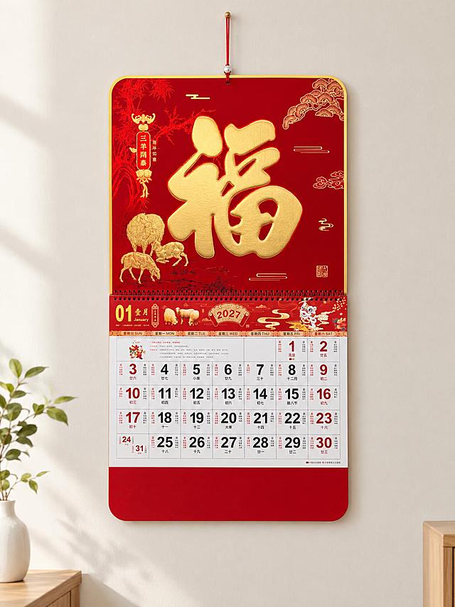将图中的福字挂历成品完整抠出，挂在简洁的浅色墙面上，墙面干净简约，整体风格简单大方，突出挂历主体，自然柔和的室内光线，真实质感