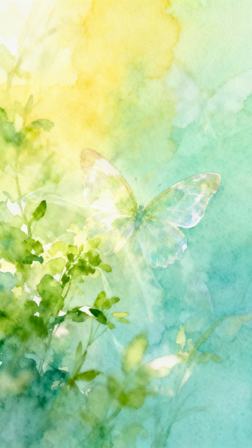 9:16比例，清新治愈系梦幻自然风，日系森系美学，写意水彩质感。画面以浅绿与鹅黄晕染的黄绿色调为主，搭配淡青蓝底色，过渡柔和，整体温暖通透有呼吸感。朦胧虚化如薄纱，传递温柔舒缓情绪，隐约可见蝴蝶翅膀与预览效果