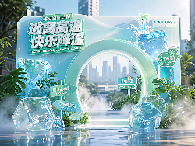 城市避暑计划主题活动打卡墙设计，延续主视觉风格：薄荷绿与冰川蓝主色调，高温城市中的清凉绿洲，巨型透明冰块，水雾效果，预留拍照互动区域，Slogan："逃离高温，快乐降温"，高级商业3D设计，电影级光影，年轻人潮流审美
