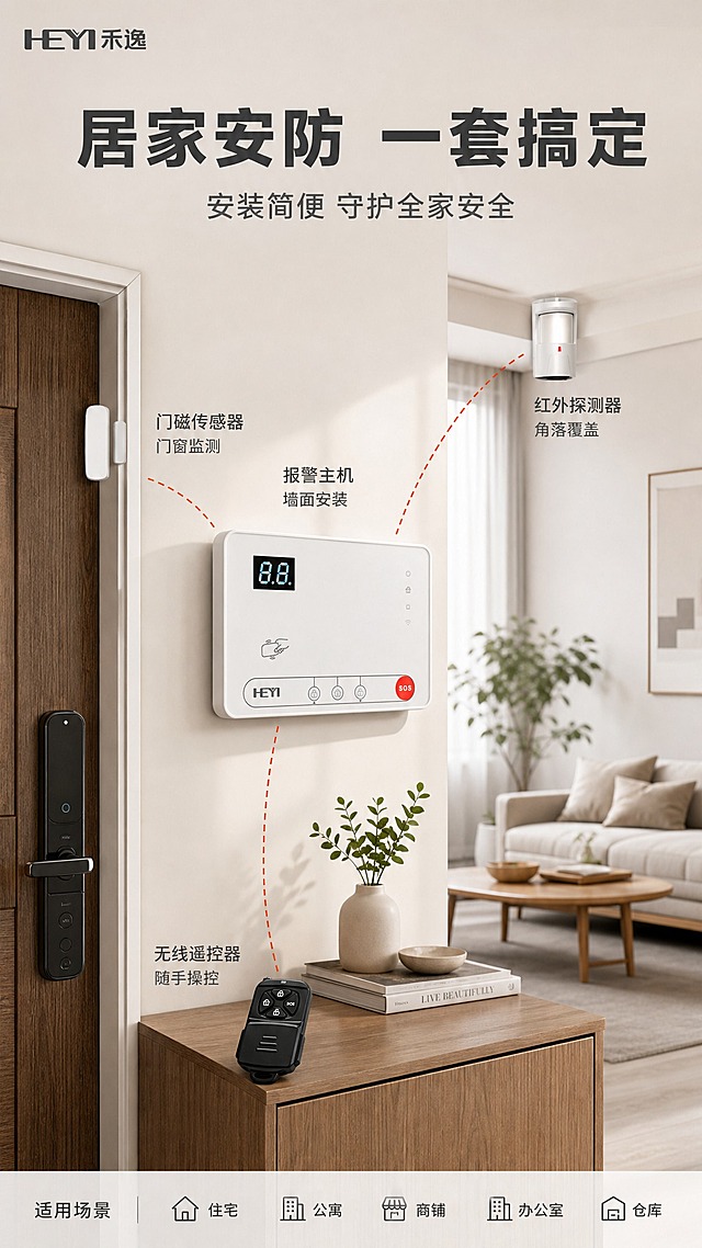 [商品] 使用【图1】智能家庭报警系统套装，保留报警主机、红外探测器、遥控器、门磁等所有产品的外观、结构、颜色和材质，不得扭曲改变。
[画面] 第6张·真实使用场景·家庭场景型。目标：展示产品在真实家庭环境中的安装与使用状态，让用户有代入感。构图：场景沉浸型，现代简约风格的住宅玄关+客厅场景，报警主机安装在入户旁墙面（正面可见），红外探测器安装在客厅角落天花板下方，门磁安装在入户门门框上，遥控器放在玄关柜面上。所有设备在场景中自然融合，光影与环境一致。画面用半透明红色虚线示意各设备间的无线连接关系。画面上下区域用场景化文案填充，不留空白。
[视觉] 套系策略：风格=报警行业专业克制高级商业摄影；标题字=现代无衬线粗体大字；正文字=简洁无衬线体；主色=白色+浅灰；背景延展=真实家居场景，浅米白墙面+浅灰地面+木色家具，整体明亮温馨；强调色=警示红，仅用于信号示意线和关键词高亮；标题色=深炭灰；正文色=中灰；组件=半透明红色虚线信号、设备名称标签；光影=柔和自然光+室内漫射光，产品在场景中光影自然，有真实接触阴影，无悬浮感。
[文字] 左上角HEYI禾逸LOGO。画面上方主标题"居家安防 一套搞定"，大号粗体深灰色，叠加在场景上部留白处。主标题下方副标题"安装简便 守护全家安全"。各设备旁用小号灰色字标注名称："报警主机 墙面安装"、"红外探测器 角落覆盖"、"门磁传感器 门窗监测"、"无线遥控器 随手操控"。画面底部用小号灰色字横向排列"适用场景 住宅 公寓 商铺 办公室 仓库"。
[规格] 图片比例9:16竖版，4K，避免产品变形、悬浮、错字、文字过小、场景昏暗、过于彩色、水印、平台Logo。