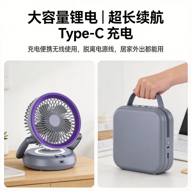 电商续航卖点图，主标题："大容量锂电｜超长续航 Type-C 充电"，小字："充电便携无线使用，脱离电源线，居家外出都能用"，展示紫灰色循环扇Type-C充电口和无线便携使用场景，简约清新风格，1:1预览效果