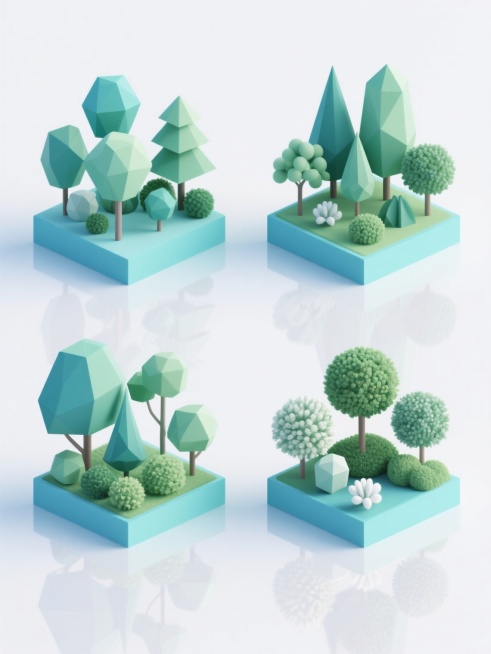 一组由四个完全不同植物元素内容组成的系列素材集合，每个元素均为规整排布的独立景观单元，包含多种形态各异的树木和灌木，呈现出精心修剪的自然造型。整体采用低多边形3D风格设计，表面光滑带有微妙的渐变色彩过渡，色彩方案改为清新明快的蓝绿色调为主，搭配柔和的浅绿色和白色高光，营造出简约现代的视觉效果。每个植物单元底部都有清晰的镜面反射效果，所有元素统一置于纯白色纯色背景上，排列整齐有序，形成协调一致的……预览效果