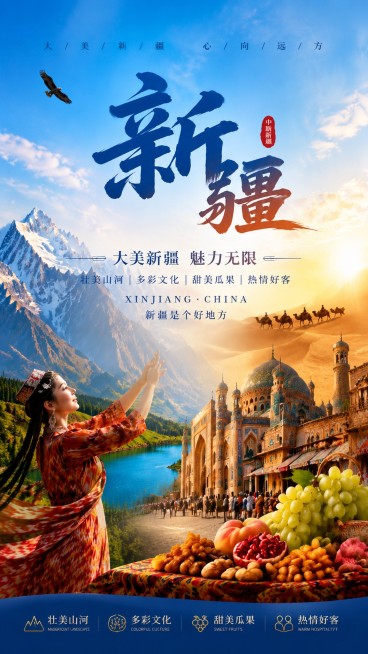 参考该图片风格，生成竖版的新疆文旅宣传海报，保留原文案和内容元素：大字书法文字'新疆'，标语'大美新疆 魅力无限'，雪山湖泊，维吾尔族姑娘，沙漠骆驼，新疆特色建筑，瓜果展示，整体风格大气写实壮丽，配色预览效果