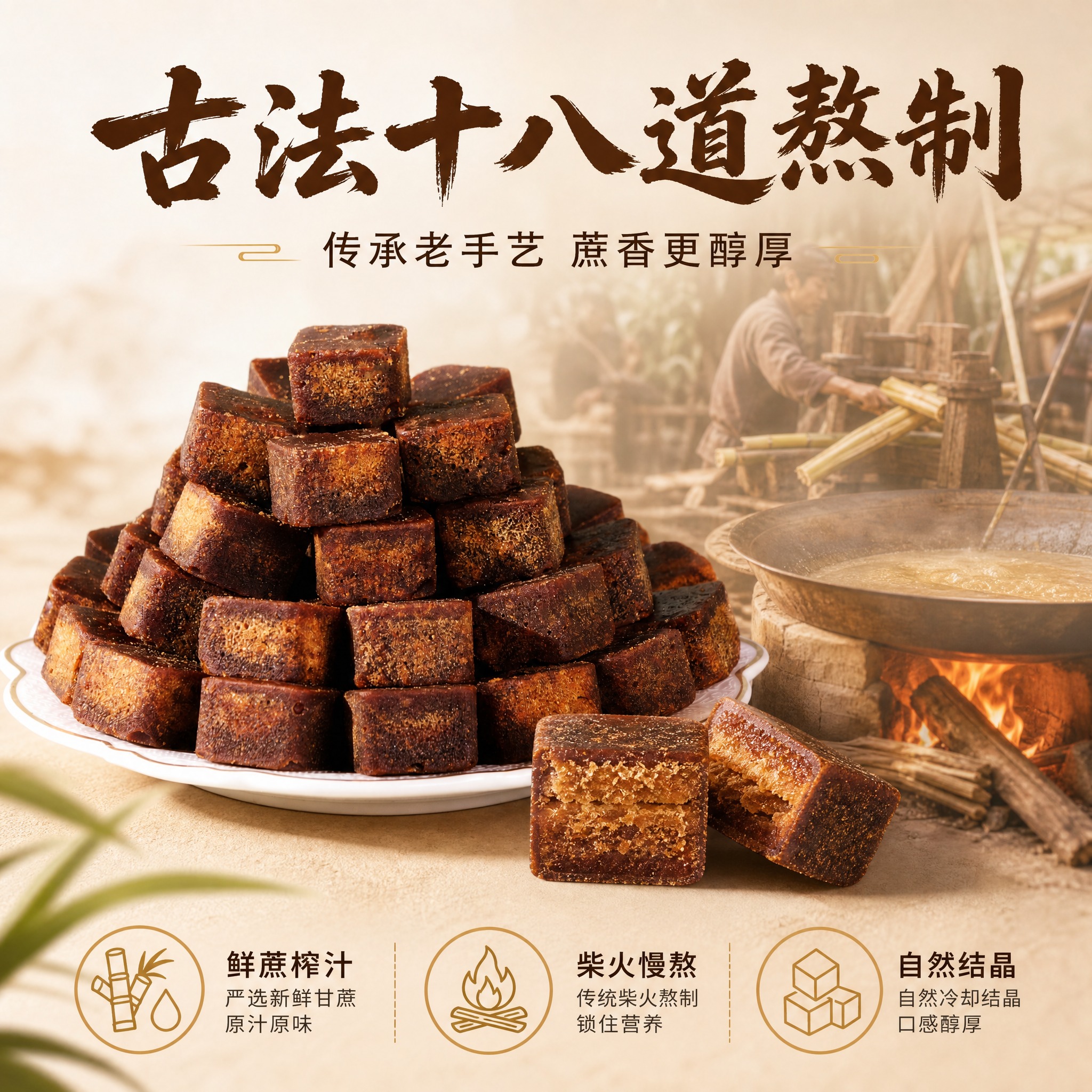 [主图-2] 古法工艺与原料溯源，建立信任，展示黑糖的传统制作… - 图片创意预览