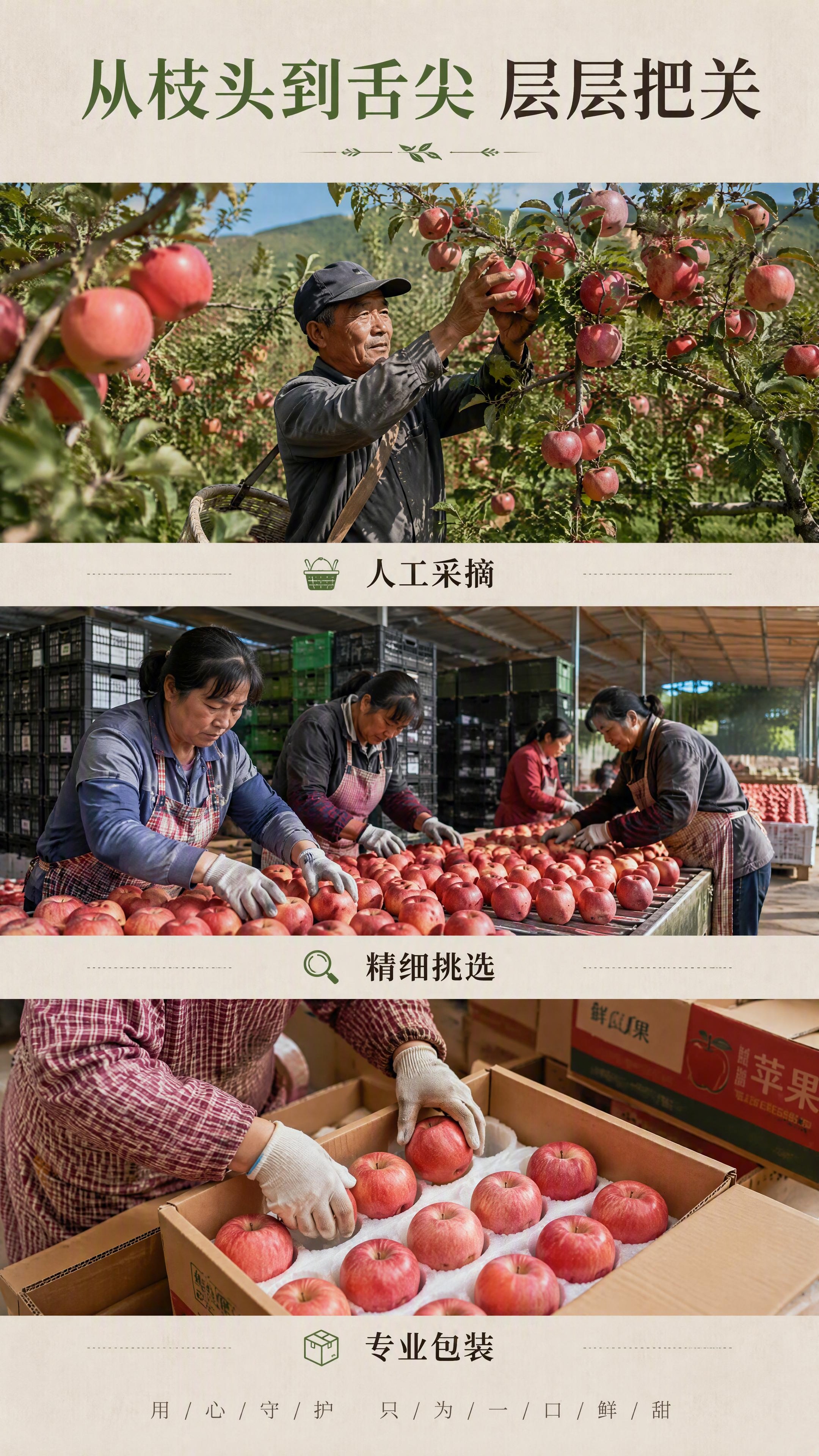 详情页采摘品控页，果园采摘与人工挑选流程展示。真实果园劳作感，… - 图片创意预览