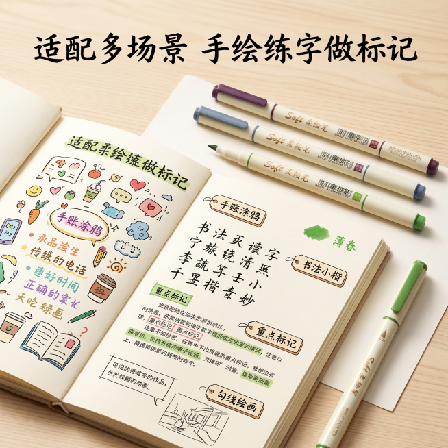 [主图-4] 点石柔绘笔多场景适用展示图
[氛围风格] 清新手账场景风，有生活代入感
[画质] 商业摄影质感，光线柔和通透，产品清晰真实，画面干净高级
[元素] 打开的手账页面上，用点石柔绘笔画出了不预览效果